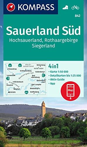 KOMPASS Wanderkarte 842 Sauerland Süd, Hochsauerland, Rothaargebirge, Siegerland 1:50.000: 4in1 Wanderkarte, mit Aktiv Guide und Detailkarten ... Verwendung in der KOMPASS-App. Fahrradfahren.